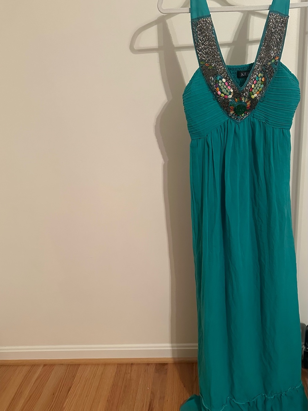 Kelly Teal Beaded Halter Maxi Dress - Embellished Neckline